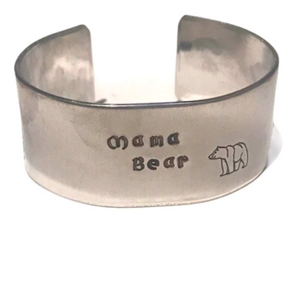 Handmade stamped “Mama Bear” silver‎ hypoallergenic adjustable cuff bracelet
